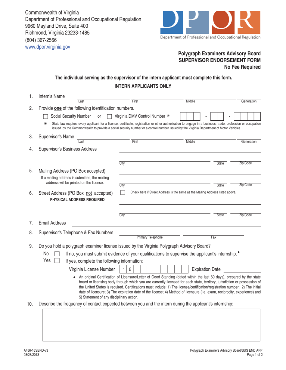 Form A456-16SEND Supervisor Endorsement Form - Virginia, Page 1