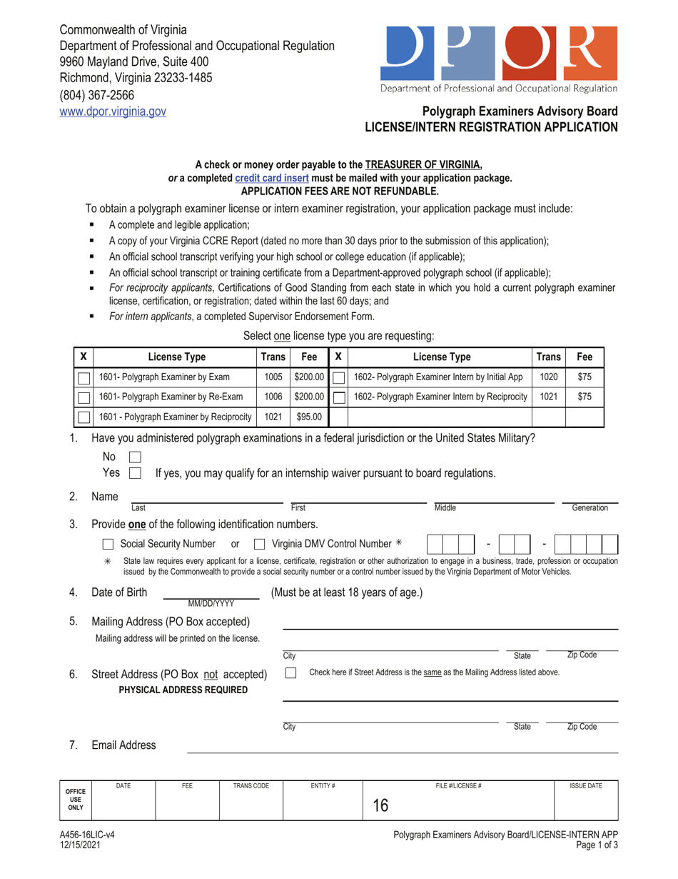 Form A456-16LIC License / Intern Registration Application - Virginia, Page 1