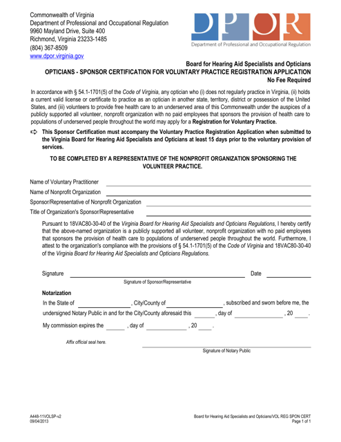 Form A448-11VOLSP Opticians - Sponsor Certification for Voluntary Practice Registration Application - Virginia