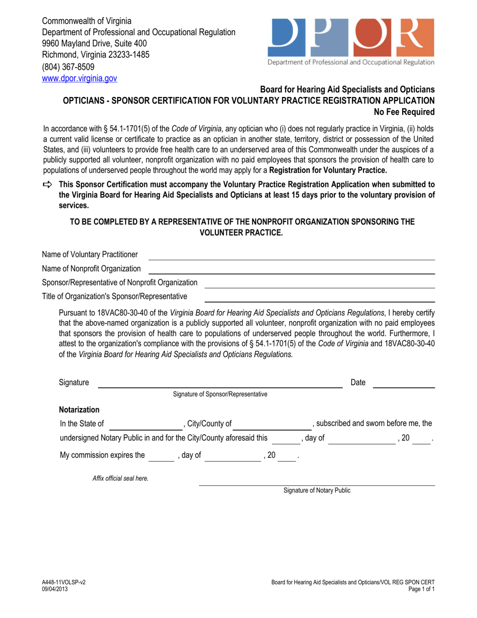 Form A448-11VOLSP Opticians - Sponsor Certification for Voluntary Practice Registration Application - Virginia, Page 1