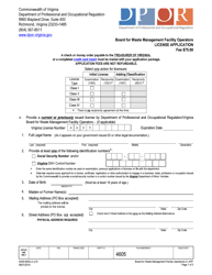 Document preview: Form A438-4605LIC License Application - Board for Waste Management Facility Operators - Virginia