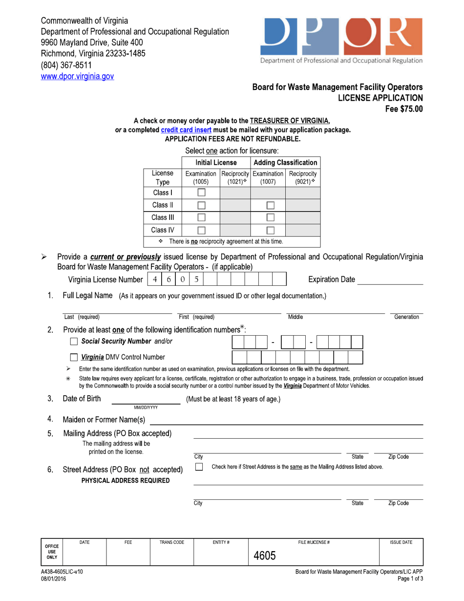 Form A438-4605LIC License Application - Board for Waste Management Facility Operators - Virginia, Page 1