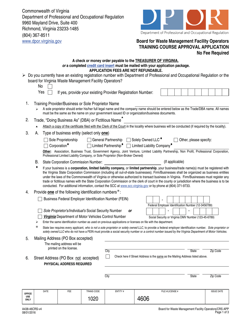 Form A438-46CRS Training Course Approval Application - Virginia, Page 1