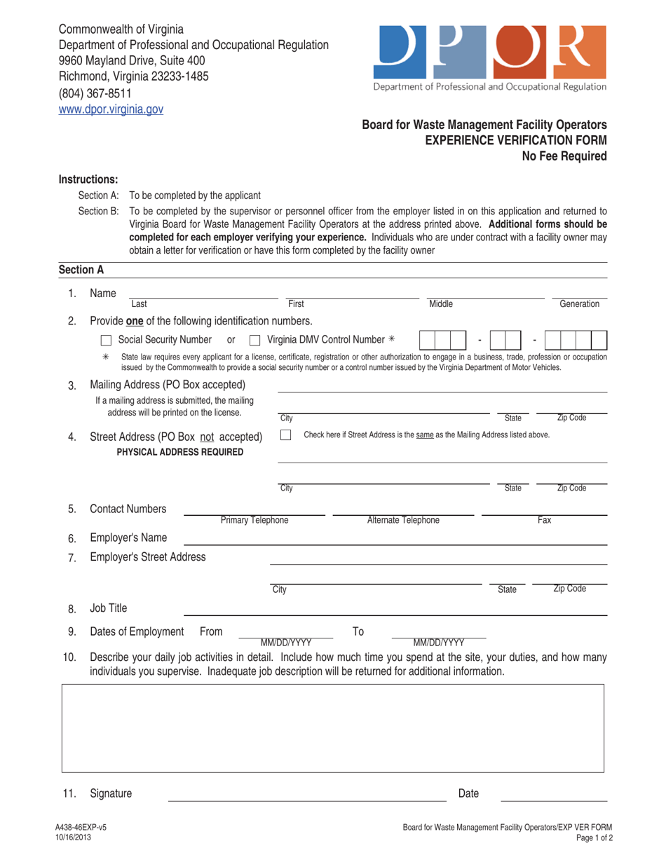 Form A438-46EXP Experience Verification Form - Virginia, Page 1