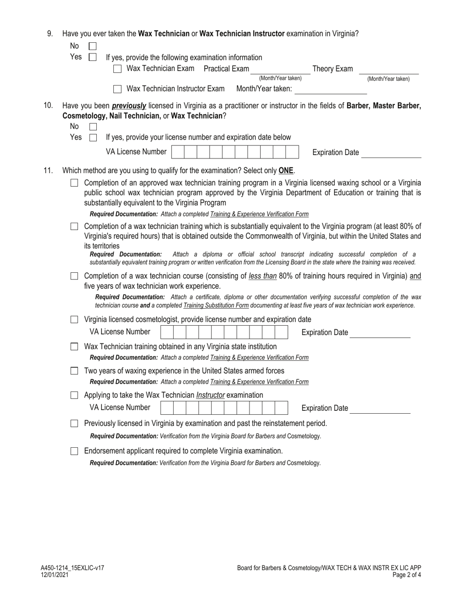Form A450-1214_15EXLIC Wax Technician - Wax Technician Instructor Examination  License Application - Virginia, Page 2