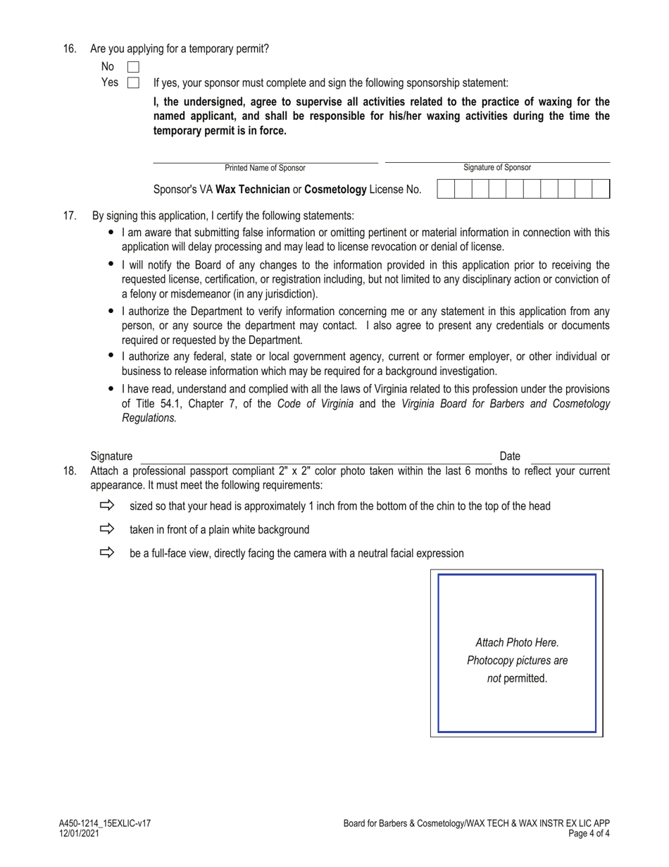Form A450-1214_15EXLIC Wax Technician - Wax Technician Instructor Examination  License Application - Virginia, Page 4