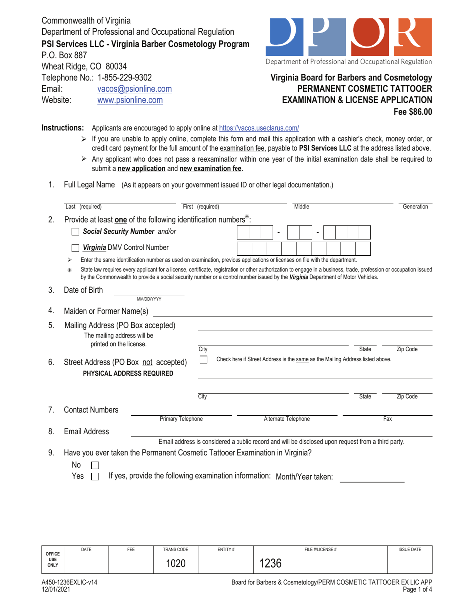 Form A450-1236EXLIC Permanent Cosmetic Tattooer Examination  License Application - Virginia, Page 1