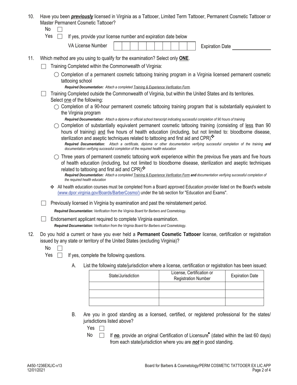 Form A450-1236EXLIC Permanent Cosmetic Tattooer Examination  License Application - Virginia, Page 2
