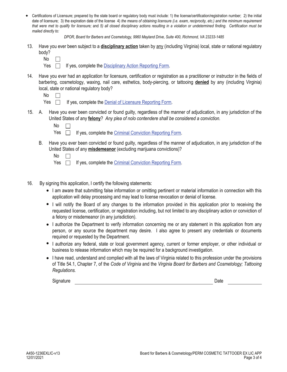 Form A450-1236EXLIC Permanent Cosmetic Tattooer Examination  License Application - Virginia, Page 3