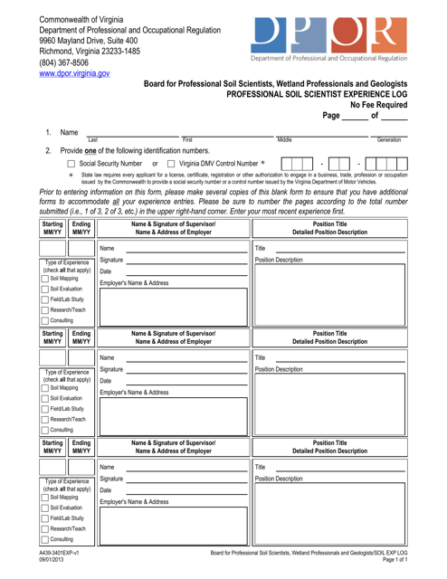 Form A439-3401EXP Professional Soil Scientist Experience Log - Virginia