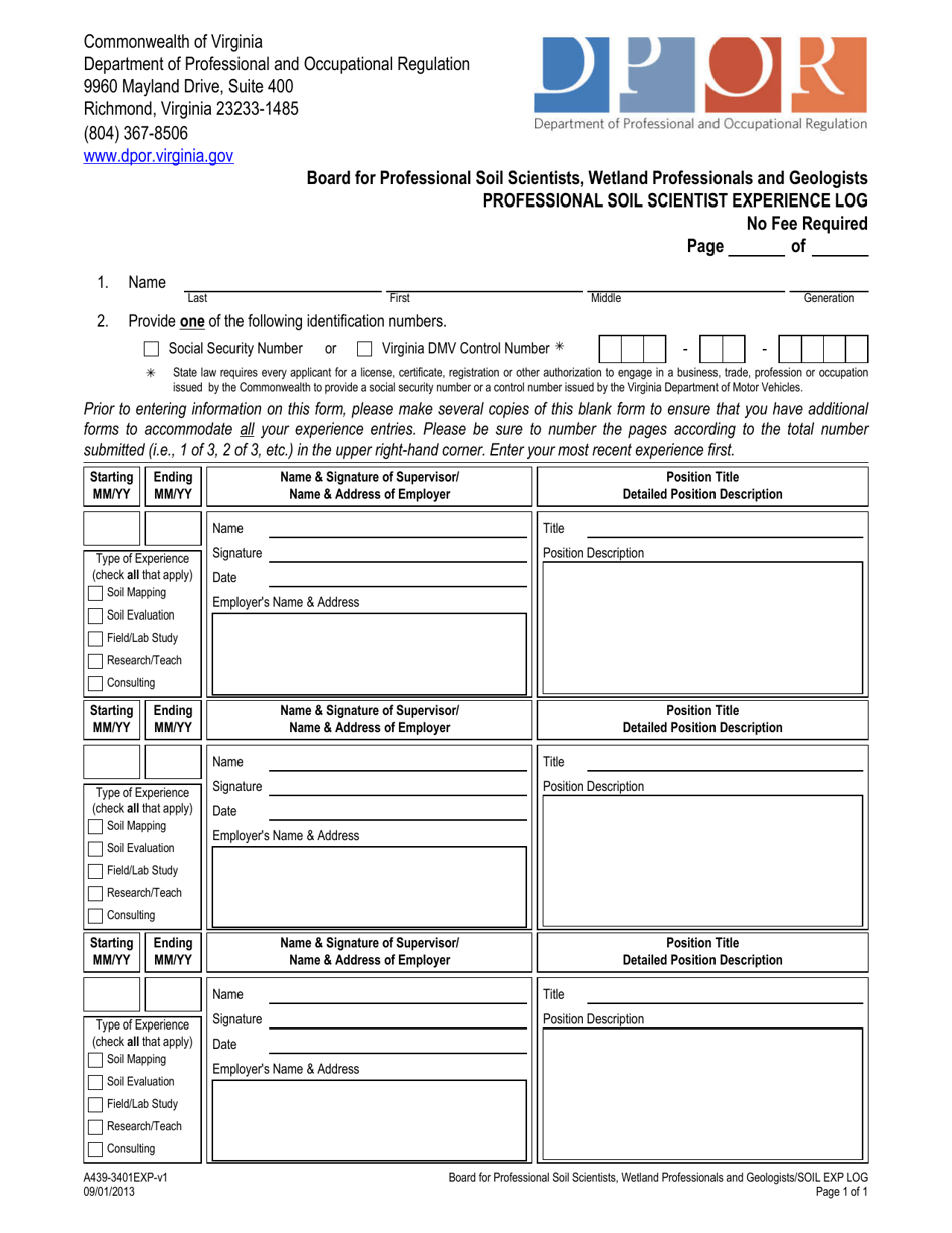 Form A439-3401EXP Professional Soil Scientist Experience Log - Virginia, Page 1
