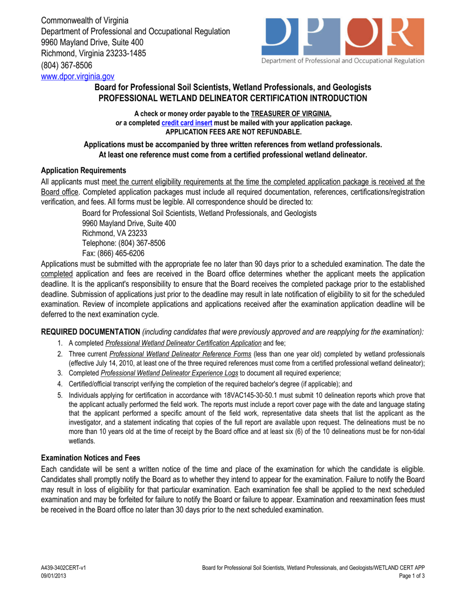 Form A439-3402CERT Professional Wetland Delineator Certification Application - Virginia, Page 1