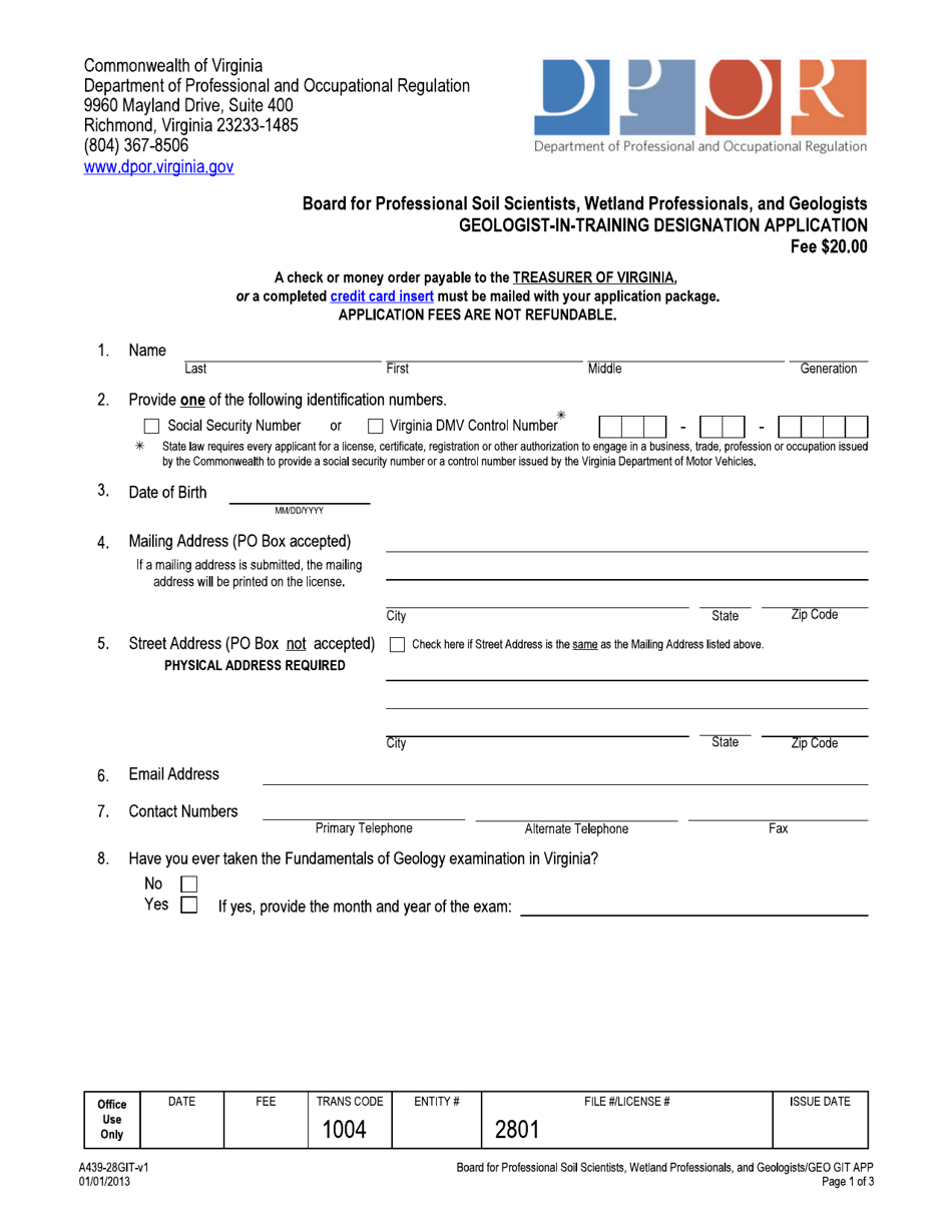 Form A439-28GIT Geologist-In-training Designation Application - Virginia, Page 1