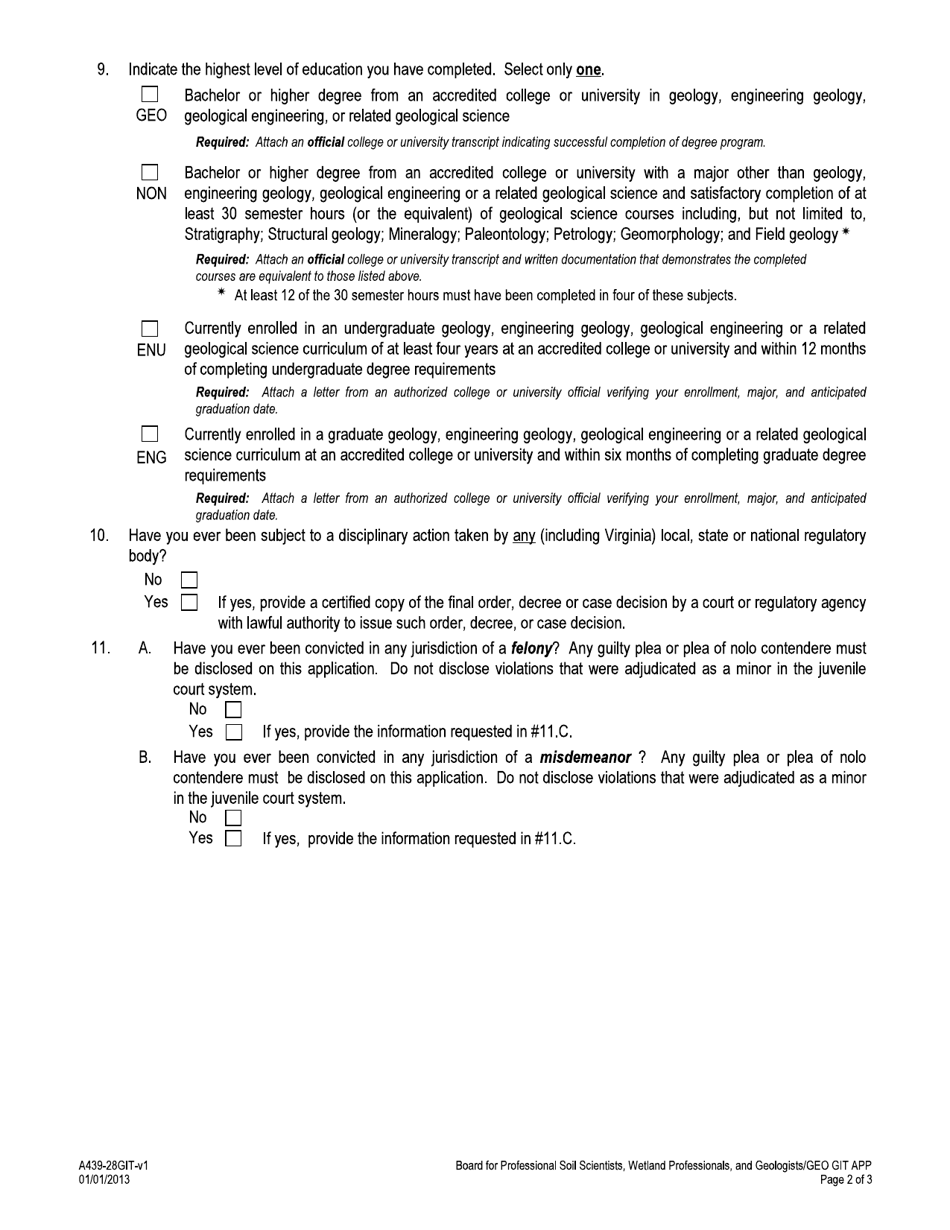 Form A439-28GIT Geologist-In-training Designation Application - Virginia, Page 2