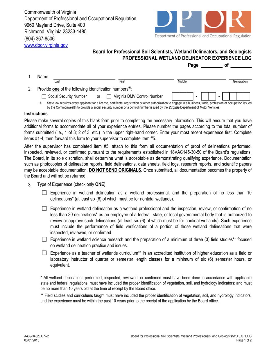 Form A439-3402EXP Professional Wetland Delineator Experience Log - Virginia, Page 1