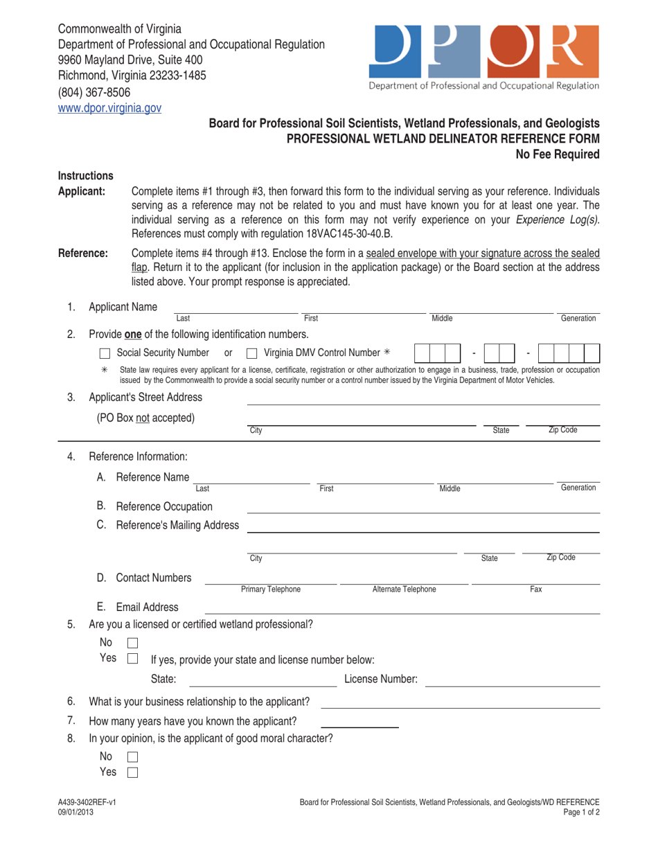 Form A439-3402REF Professional Wetland Delineator Reference Form - Virginia, Page 1