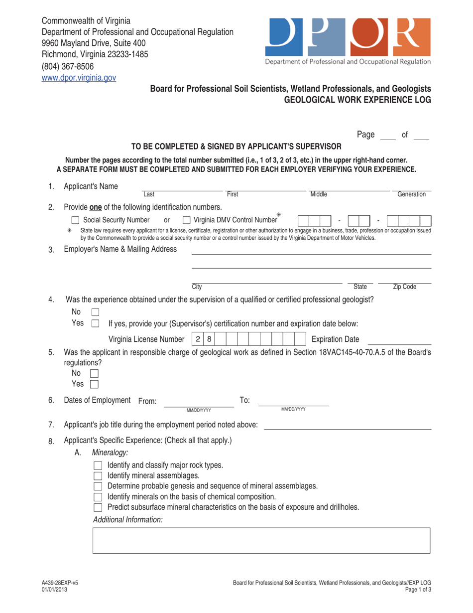 Form A439-28EXP Geological Work Experience Log - Virginia, Page 1