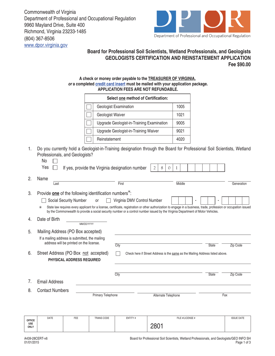 Form A439-28CERT Geologists Certification and Reinstatement Application - Virginia, Page 1