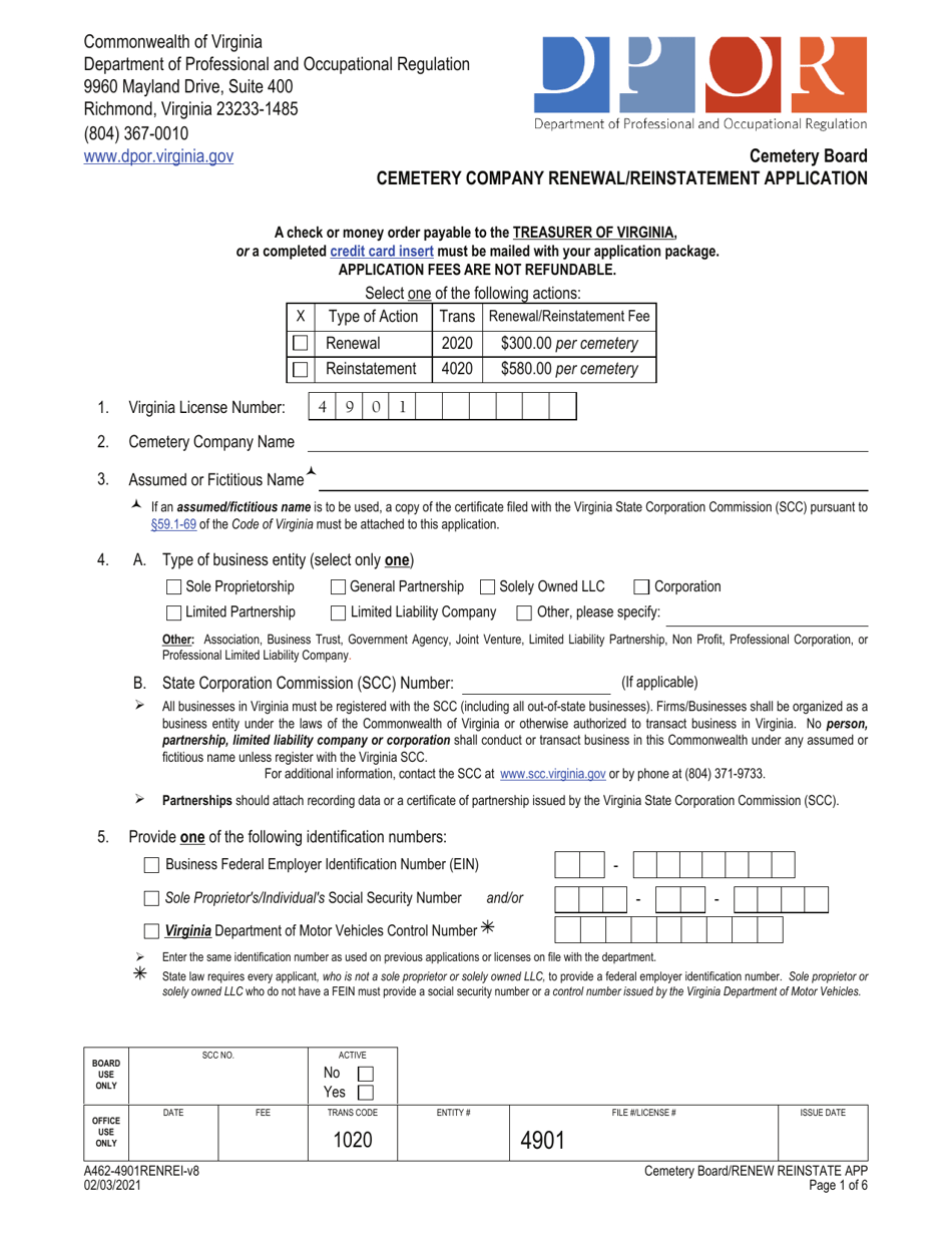 Form A462-4901RENREI Cemetery Company Renewal / Reinstatement Application - Virginia, Page 1