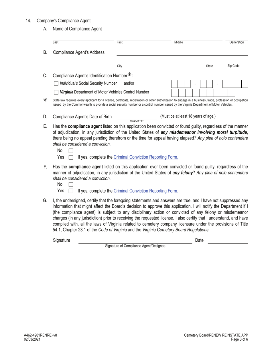 Form A462-4901RENREI Cemetery Company Renewal / Reinstatement Application - Virginia, Page 3