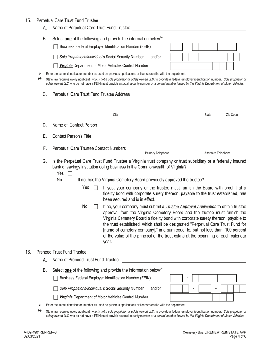 Form A462-4901RENREI Cemetery Company Renewal / Reinstatement Application - Virginia, Page 4