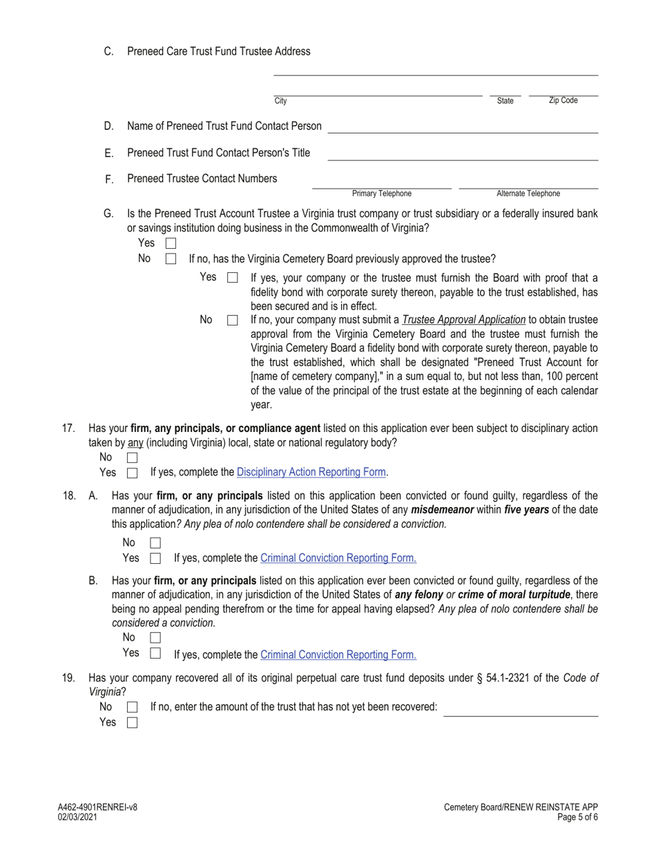 Form A462-4901RENREI Cemetery Company Renewal / Reinstatement Application - Virginia, Page 5