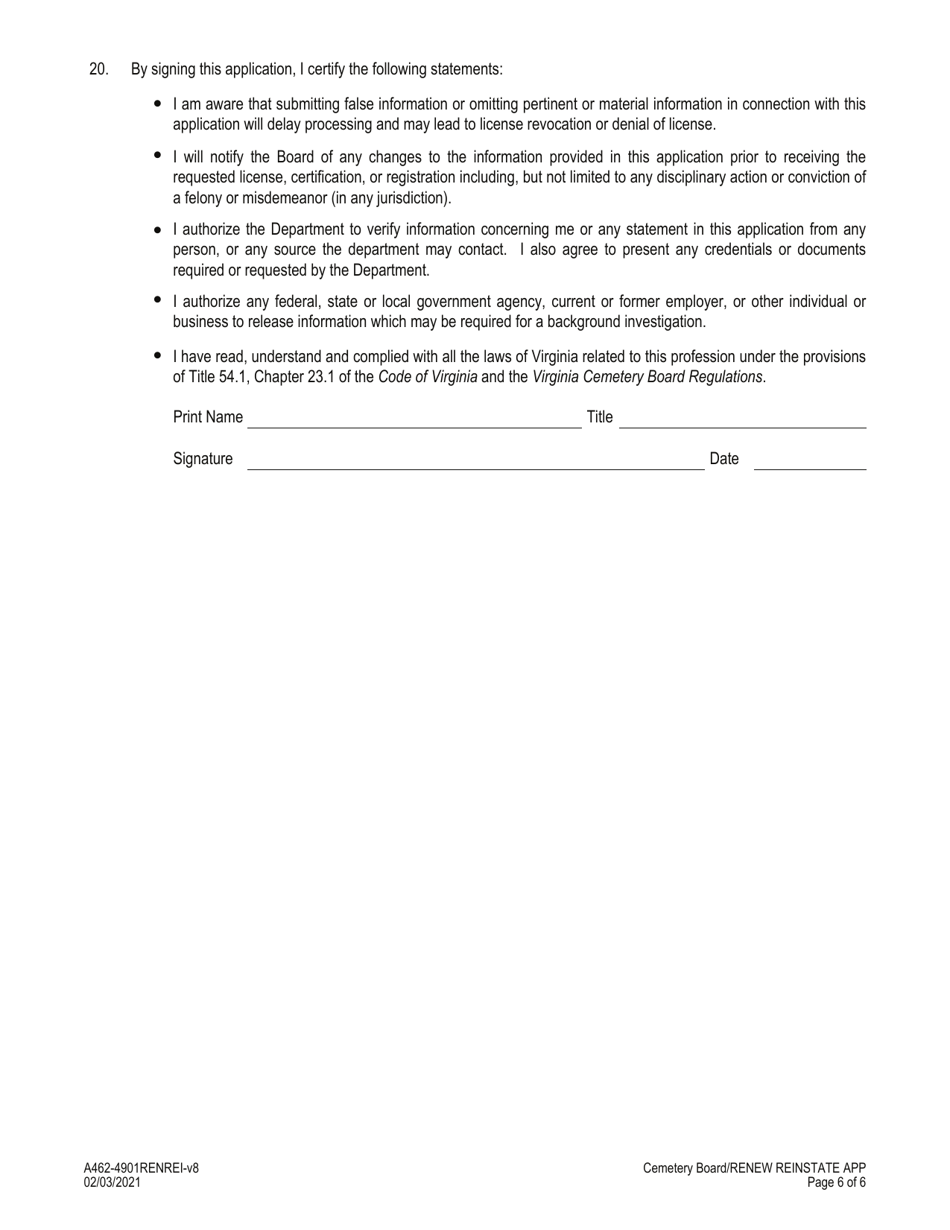 Form A462-4901RENREI Cemetery Company Renewal / Reinstatement Application - Virginia, Page 6