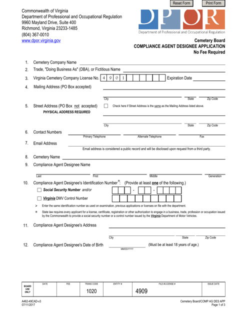 Form A462-49CAD Compliance Agent Designee Application - Virginia