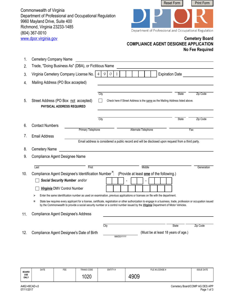 Form A462-49CAD Compliance Agent Designee Application - Virginia, Page 1