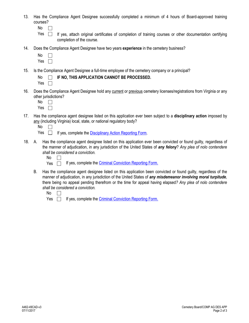 Form A462-49CAD Compliance Agent Designee Application - Virginia, Page 2