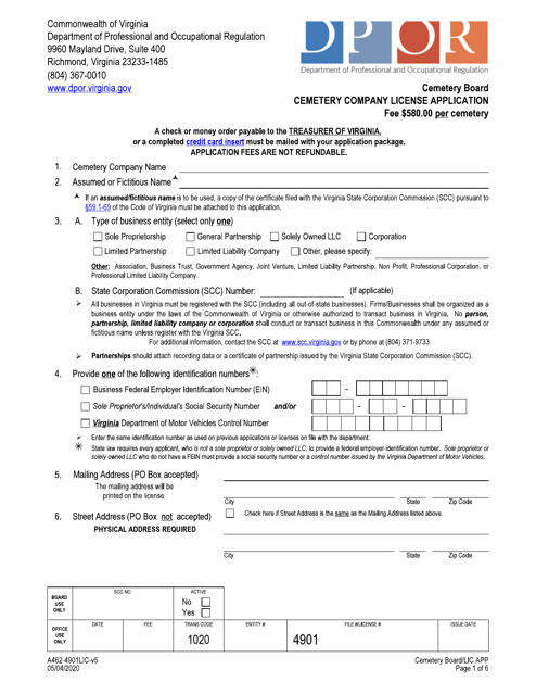 Form A462-4901LIC Cemetery Company License Application - Virginia