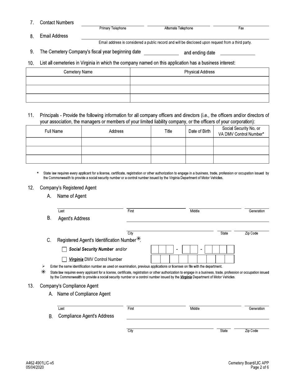 Form A462-4901LIC Cemetery Company License Application - Virginia, Page 2