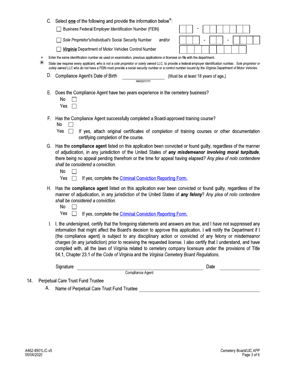 Form A462-4901LIC Cemetery Company License Application - Virginia, Page 3