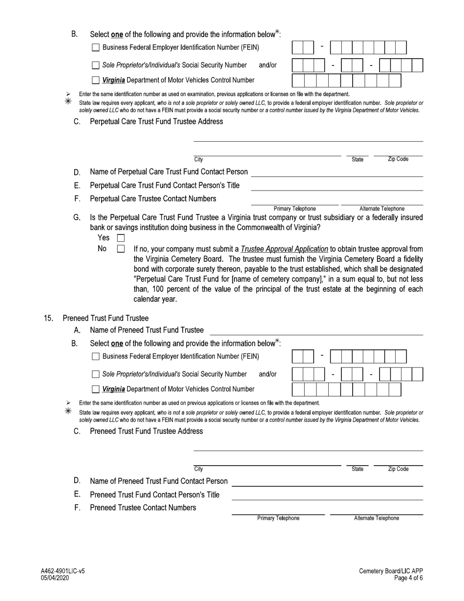 Form A462-4901LIC Cemetery Company License Application - Virginia, Page 4