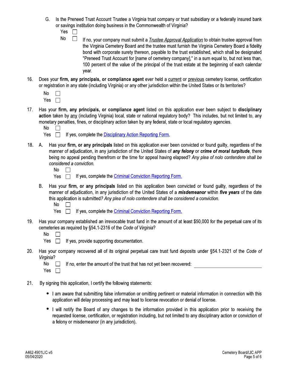 Form A462-4901LIC Cemetery Company License Application - Virginia, Page 5