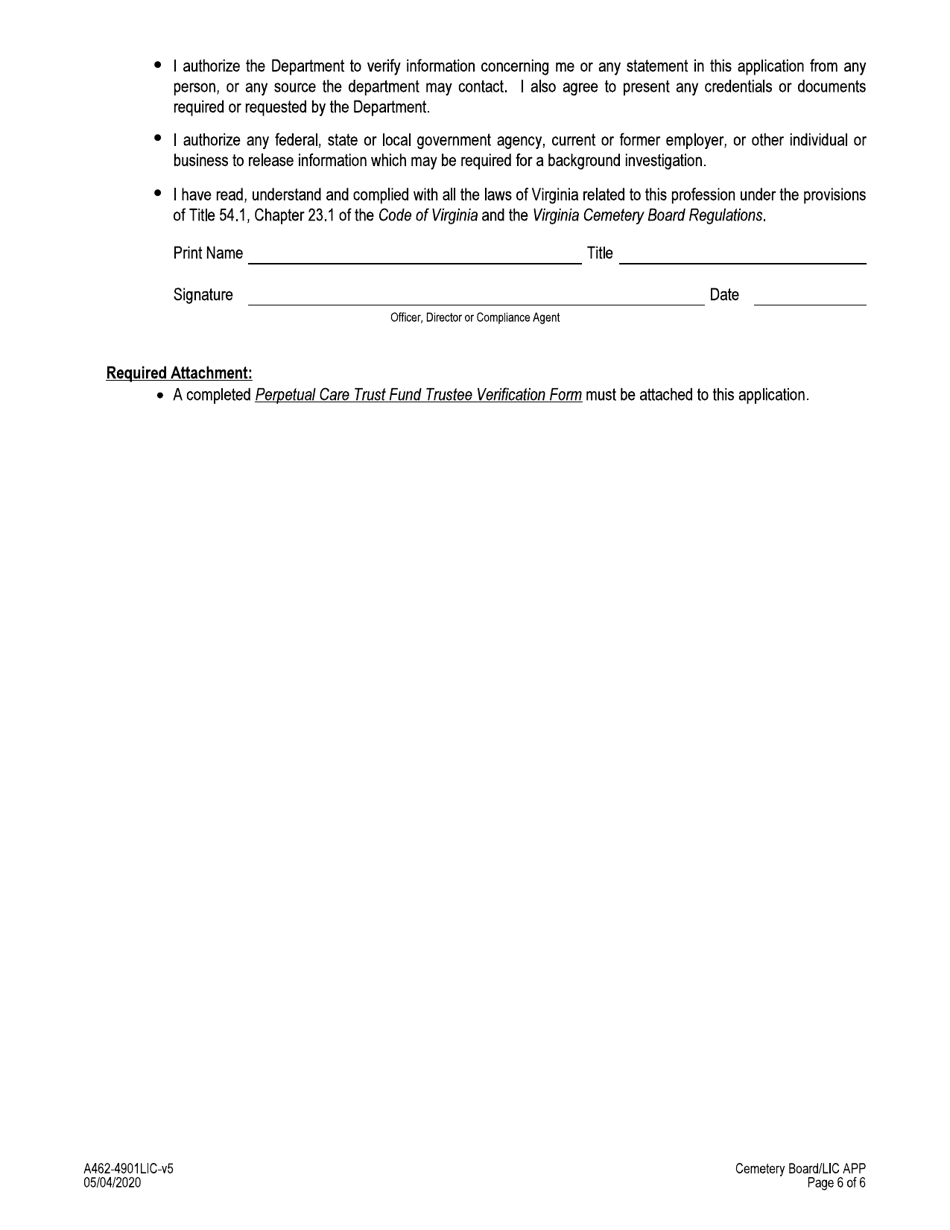 Form A462-4901LIC Cemetery Company License Application - Virginia, Page 6