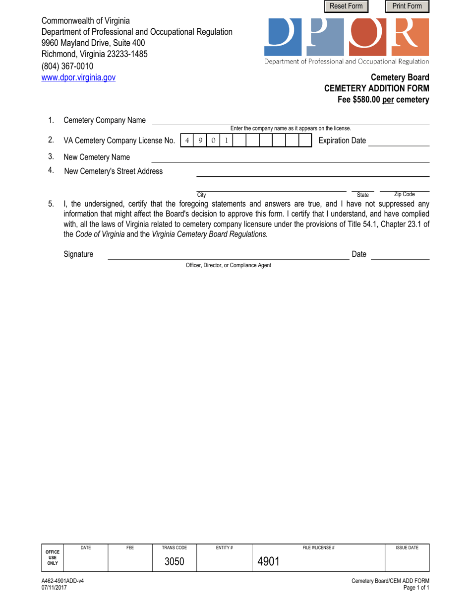 Form A462-4901ADD Cemetery Addition Form - Virginia, Page 1
