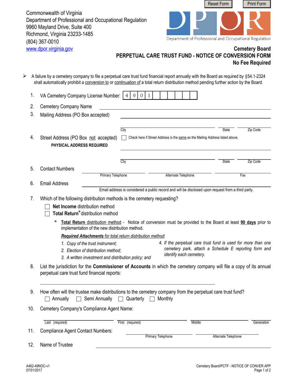 Form A462-49NOC Perpetual Care Trust Fund - Notice of Conversion Form - Virginia, Page 1