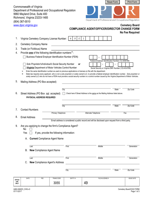 Form A462-49ADO_CHG  Printable Pdf