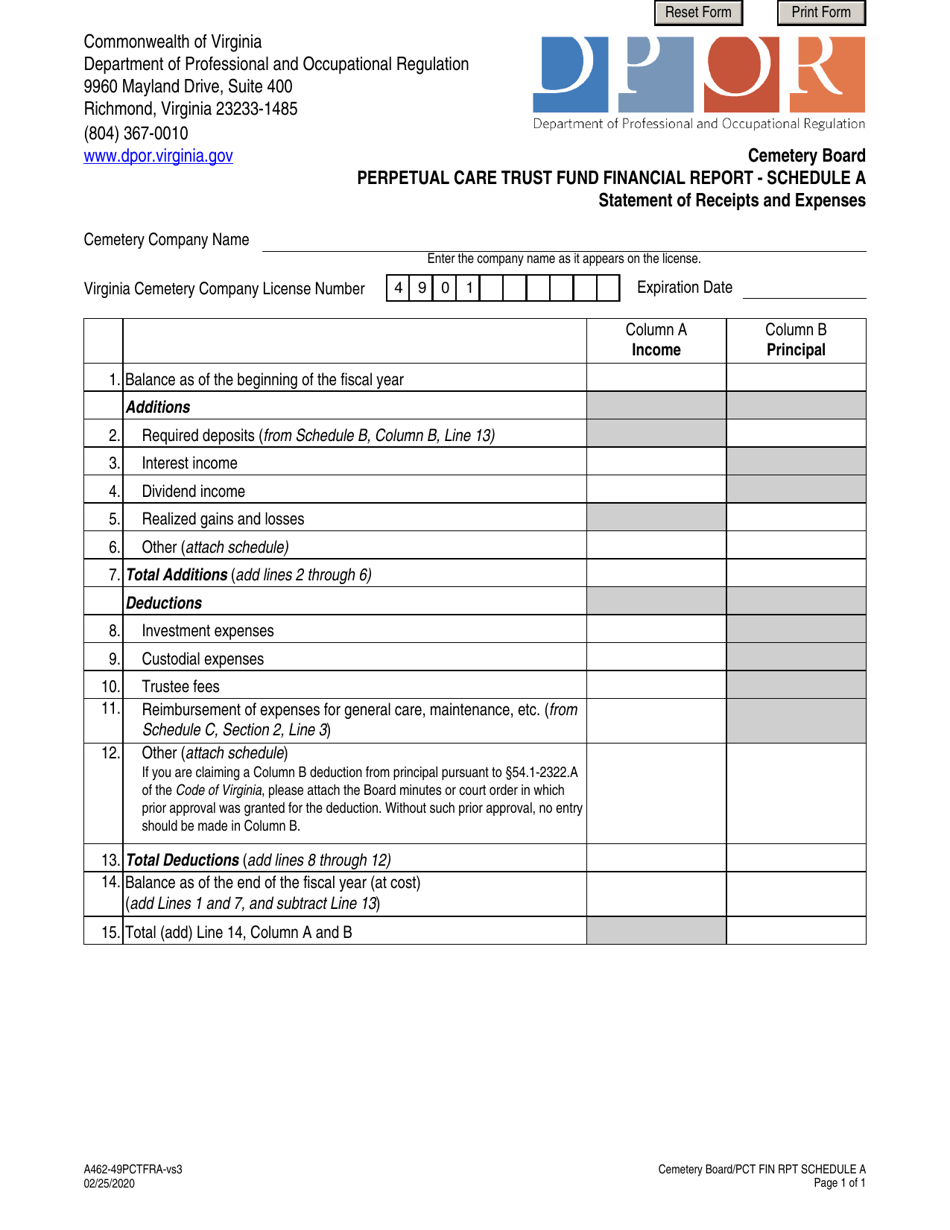 Form A462-49PCTFRA Schedule A Perpetual Care Trust Fund Financial Report - Statement of Receipts and Expenses - Virginia, Page 1