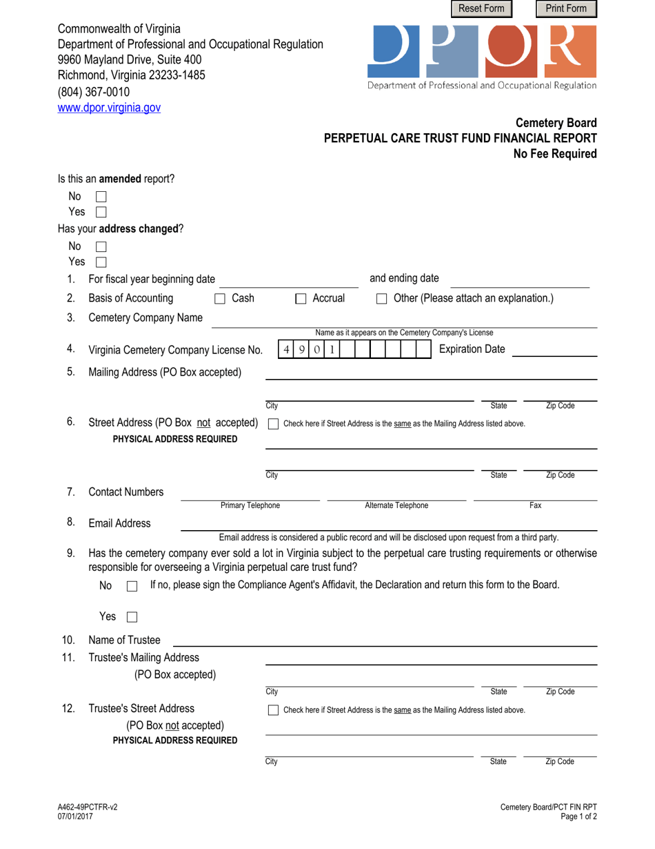 Form A462-49PCTFR Perpetual Care Trust Fund Financial Report - Virginia, Page 1