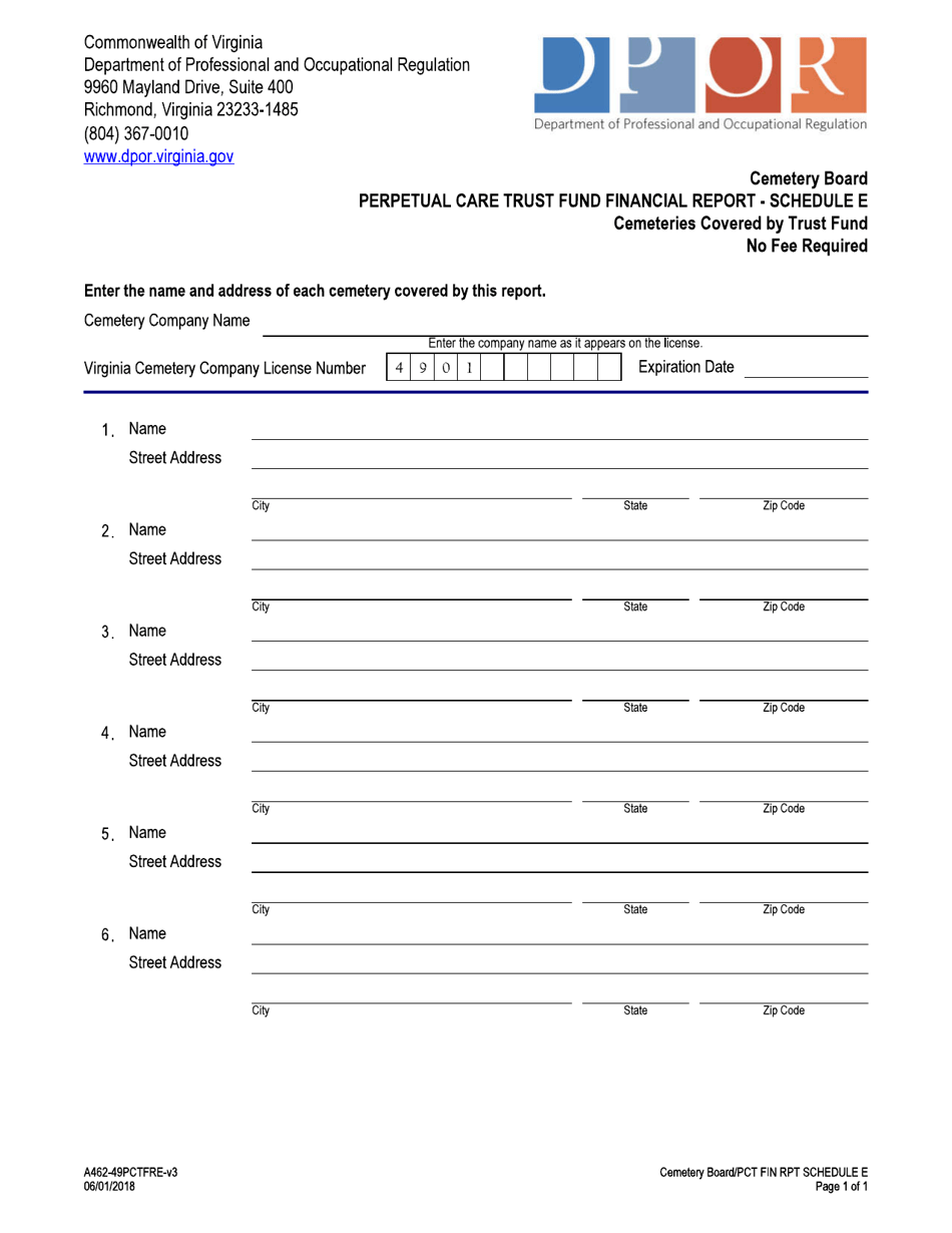 Form A462-49PCTFRE Schedule E Perpetual Care Trust Fund Financial Report - Cemeteries Covered by Trust Fund - Virginia, Page 1