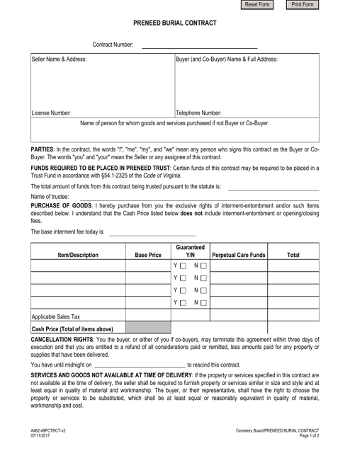 Form A462-49PCTRCT Preneed Burial Contract - Virginia