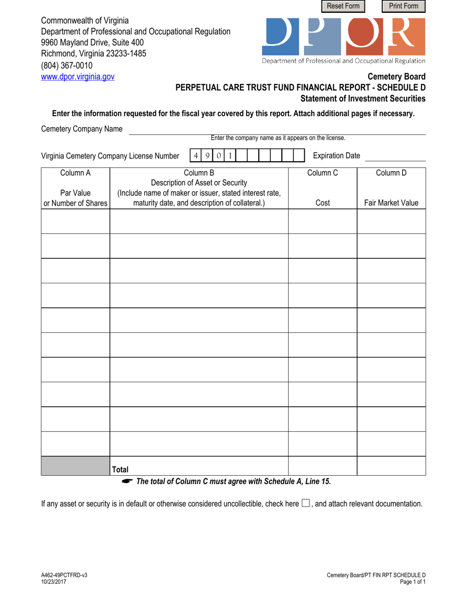 Form A462-49PCTFRD Schedule D Perpetual Care Trust Fund Financial Report - Statement of Investment Securities - Virginia, Page 1