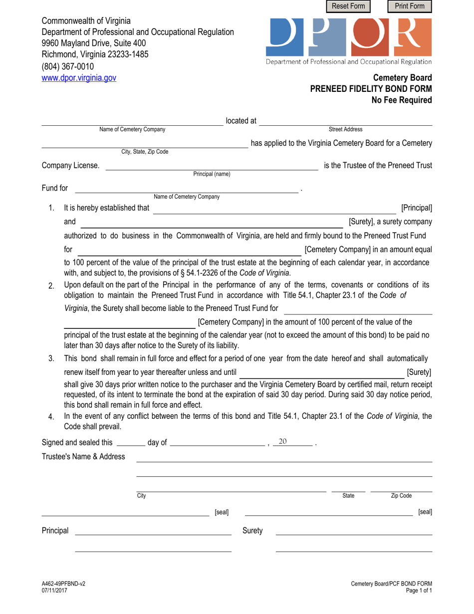 Form A462-49PFBND Preneed Fidelity Bond Form - Virginia, Page 1