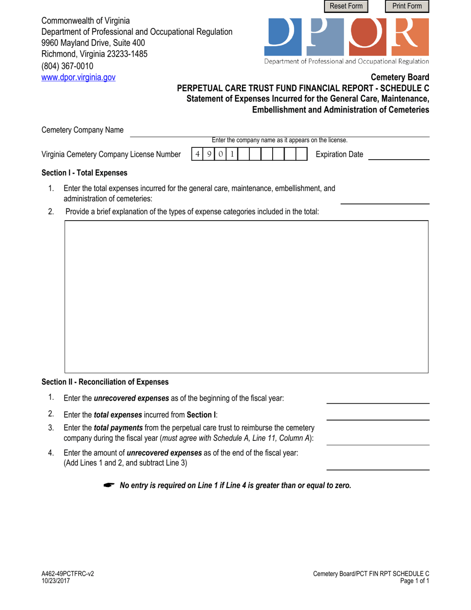 Form A462-49PCTFRC Schedule C Perpetual Care Trust Fund Financial Report - Statement of Expenses Incurred for the General Care, Maintenance, Embellishment and Administration of Cemeteries - Virginia, Page 1