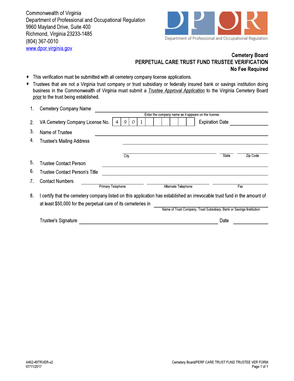Form A462-49TRVER Perpetual Care Trust Fund Trustee Verification - Virginia, Page 1