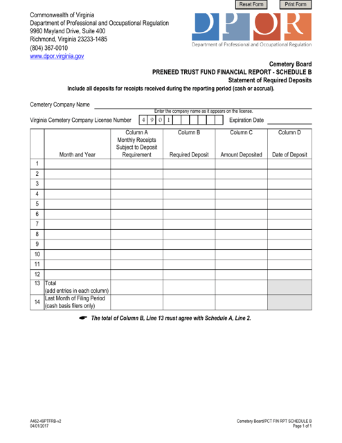 Form A462-49PTFRB Schedule B  Printable Pdf