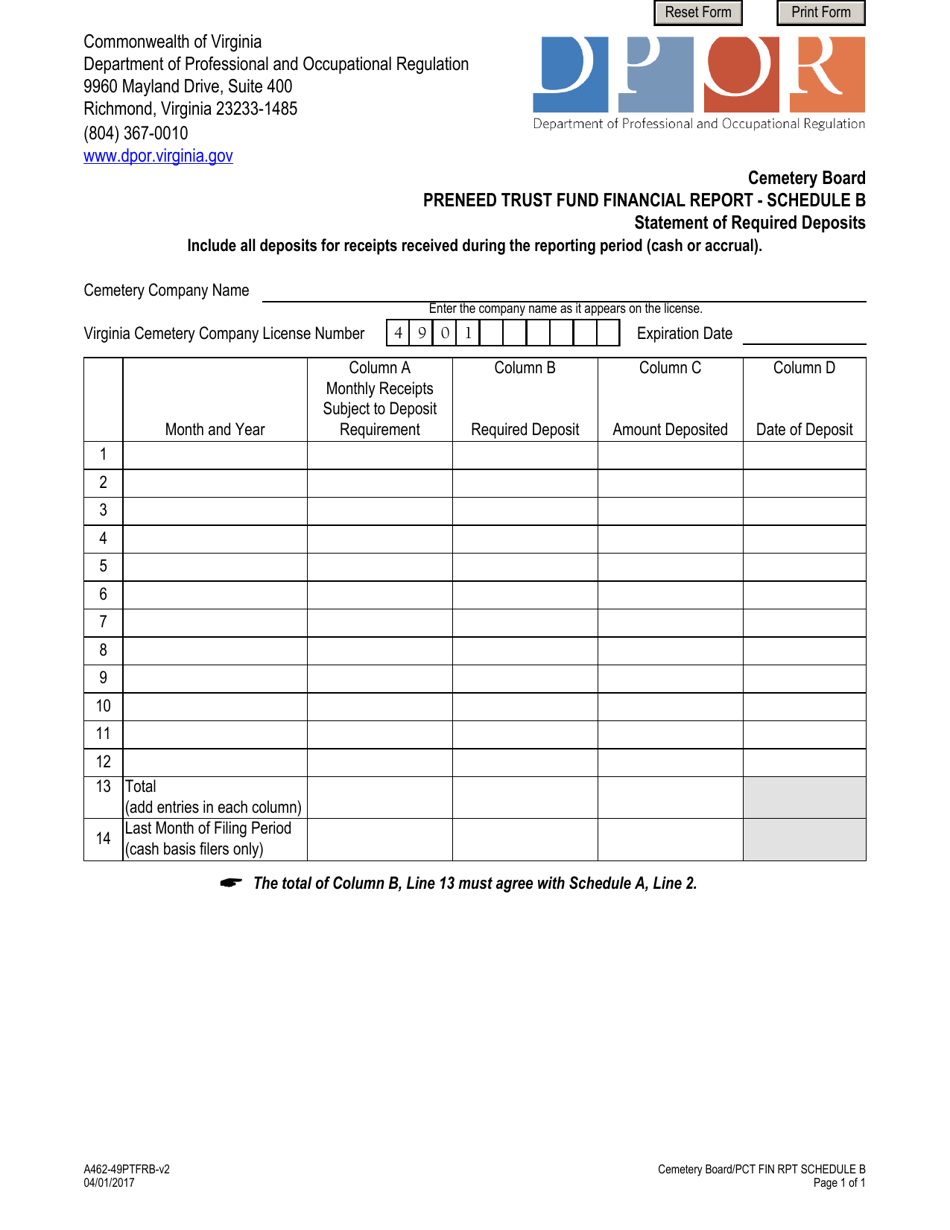 Form A462-49PTFRB Schedule B Preneed Trust Fund Financial Report - Statement of Required Deposits - Virginia, Page 1