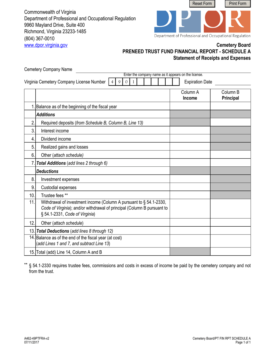 Form A462-49PTFRA Schedule A Preneed Trust Fund Financial Report - Statement of Receipts and Expenses - Virginia, Page 1